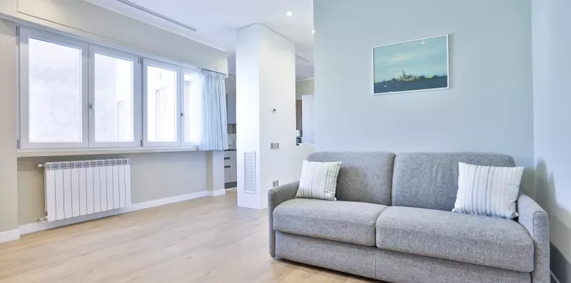 A bright living room with gray seating beside large windows.