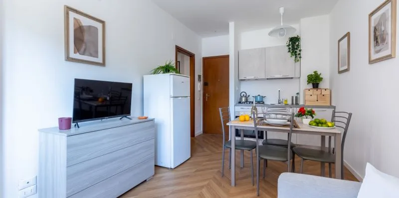 A dining area with a table and chairs beside a television and refrigerator.