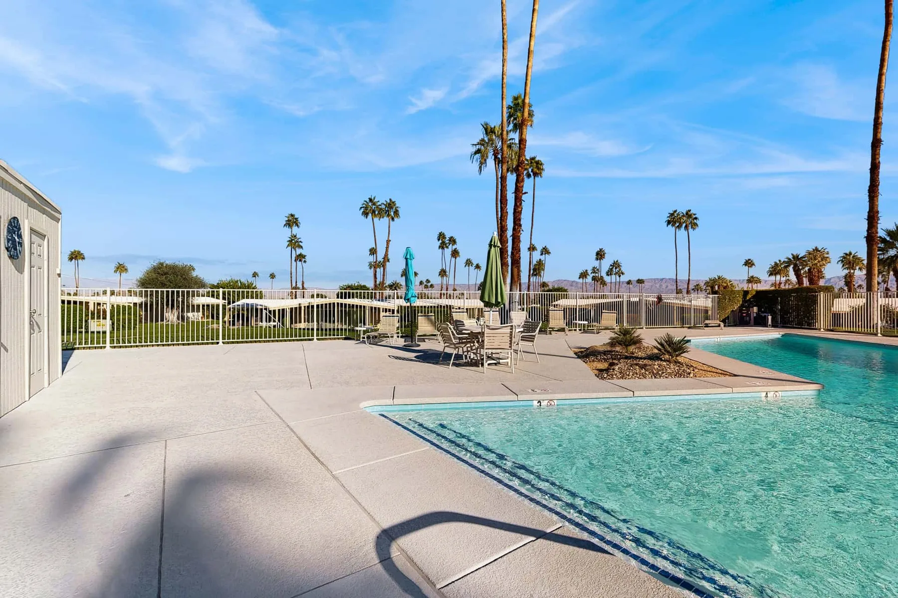 An outdoor swimming pool with a broad paved deck and palm trees in the background.