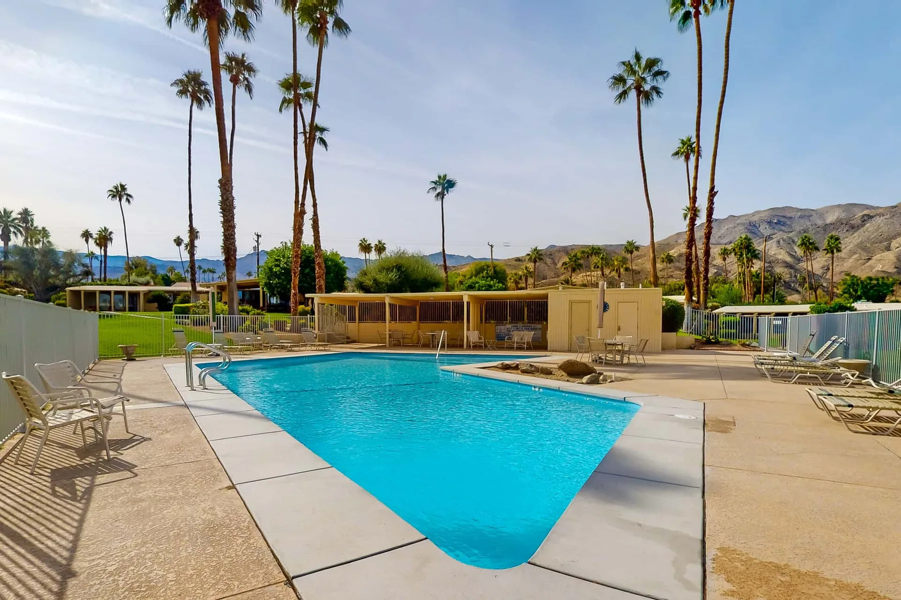 An outdoor swimming pool is surrounded by lounge chairs and tall palm trees.