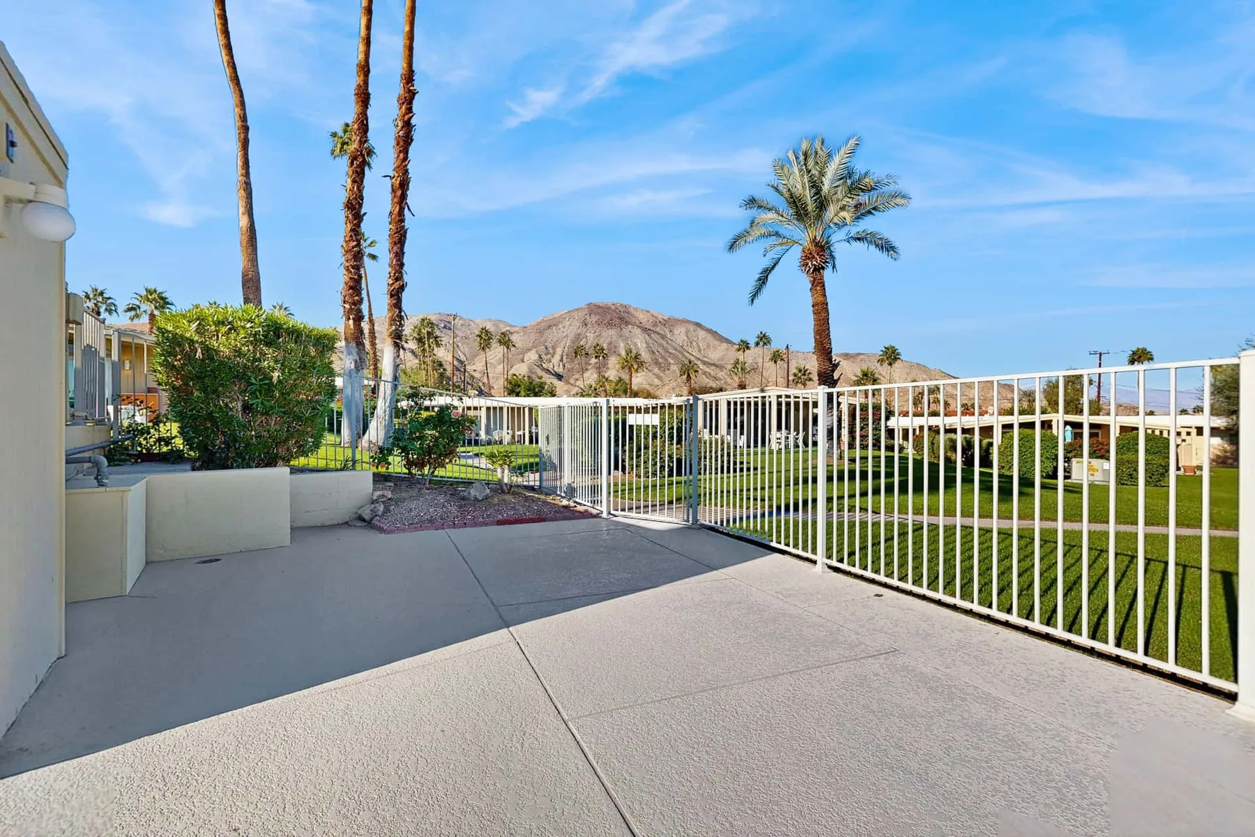 A paved outdoor patio overlooks a grassy lawn and palm trees.
