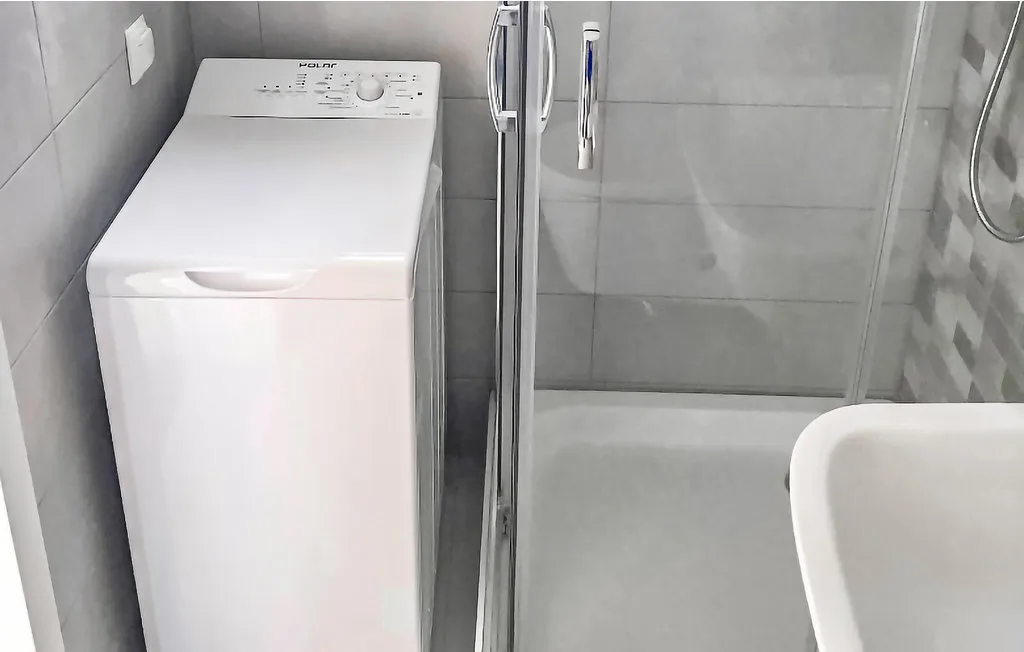 Un baño con una lavadora junto a una ducha y una bañera.