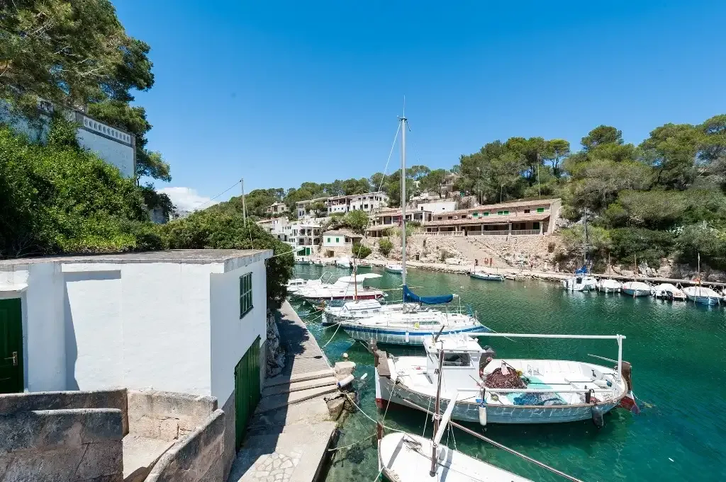 A small harbor with boats moored along the waterfront.