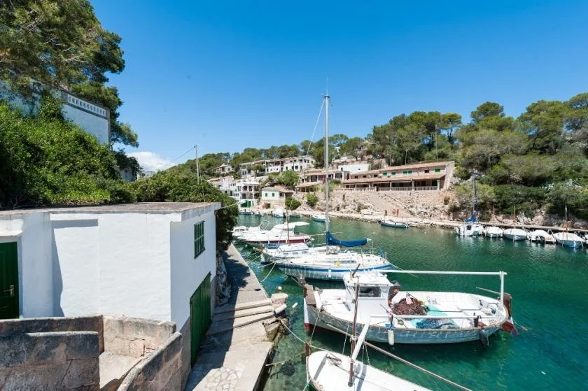 A small harbor with boats moored beside a waterfront walkway and hillside buildings.