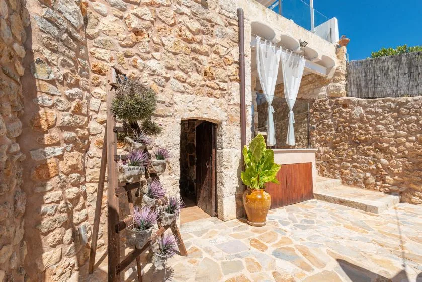 A sunlit stone patio with a doorway, curtained window, and potted plant.