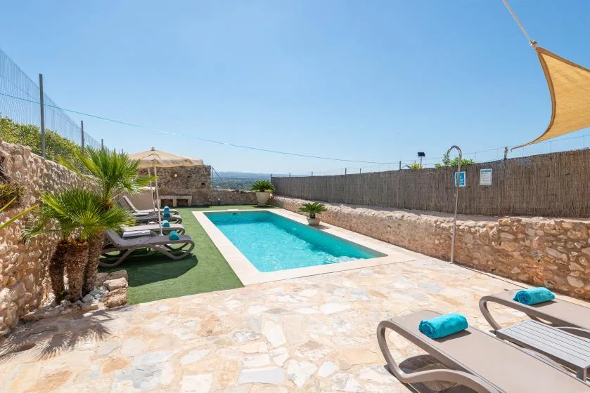 An outdoor swimming pool beside sun loungers in a walled patio.