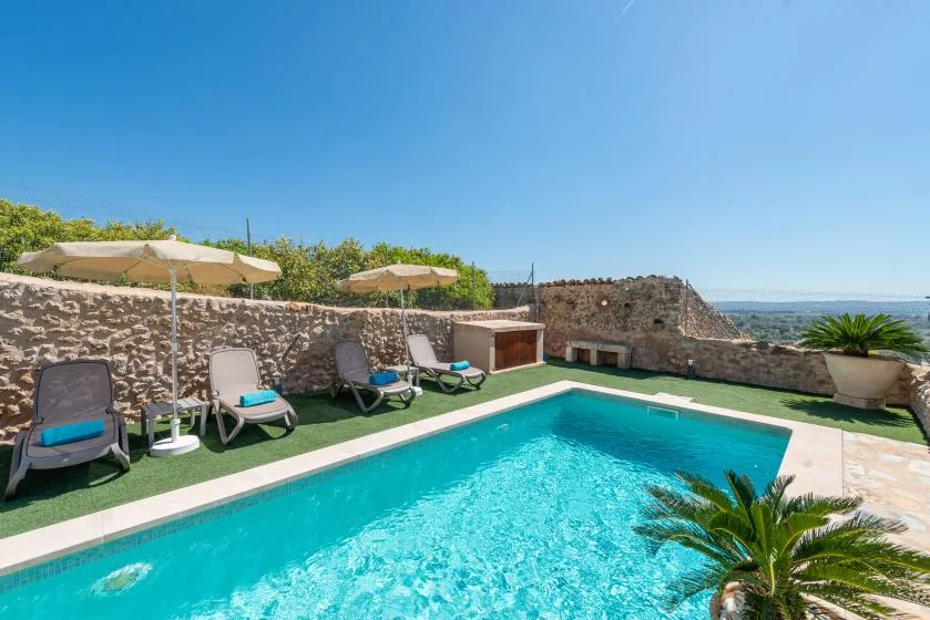 An outdoor swimming pool sits beside lounge seating and a stone wall.