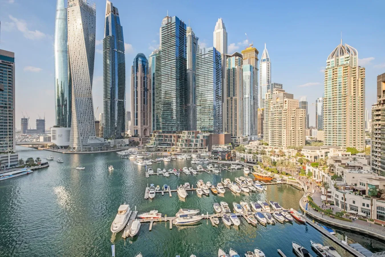 Una marina junto al agua con barcos se encuentra frente a un perfil urbano de edificios altos.