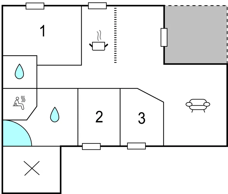 Un plano muestra varias habitaciones, una zona de estar y elementos de agua.