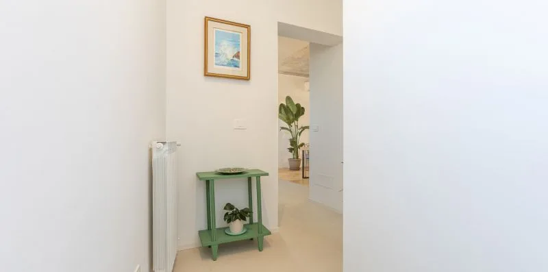 A bright interior hallway with a green console table and potted plants.