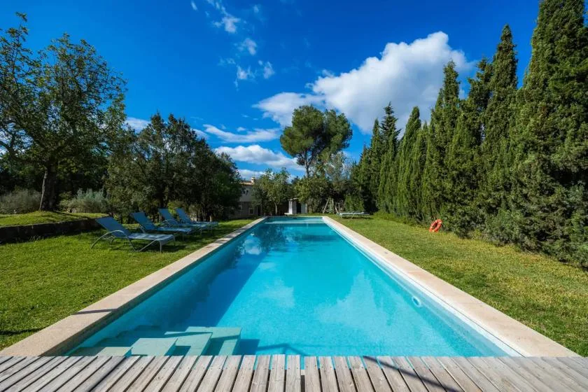 A long swimming pool is surrounded by grass, trees, and outdoor seating.