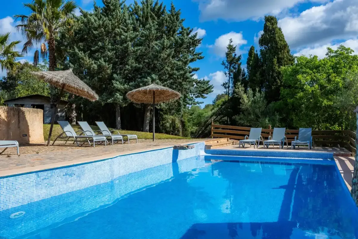 An outdoor swimming pool is surrounded by lounge seating and trees.