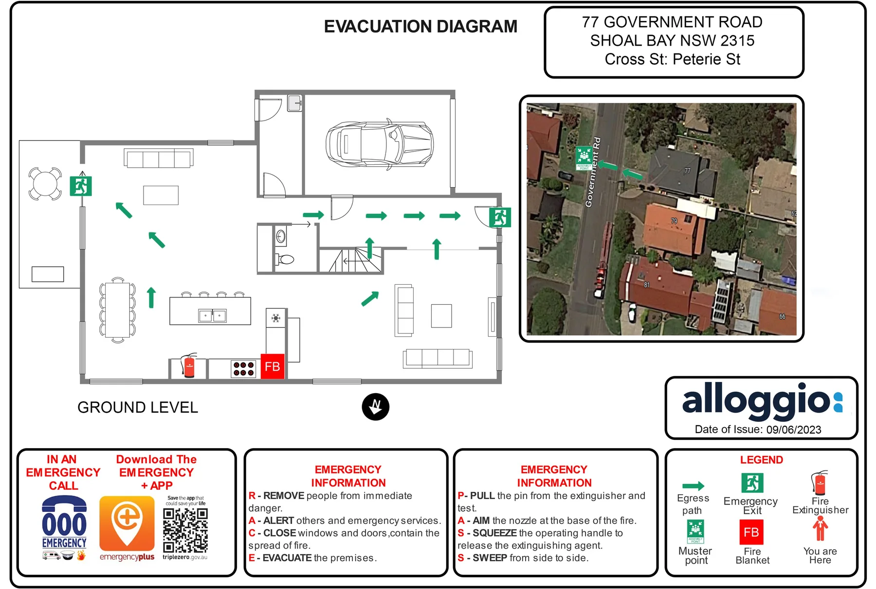 An evacuation diagram shows a ground-level floor plan beside an aerial property image.