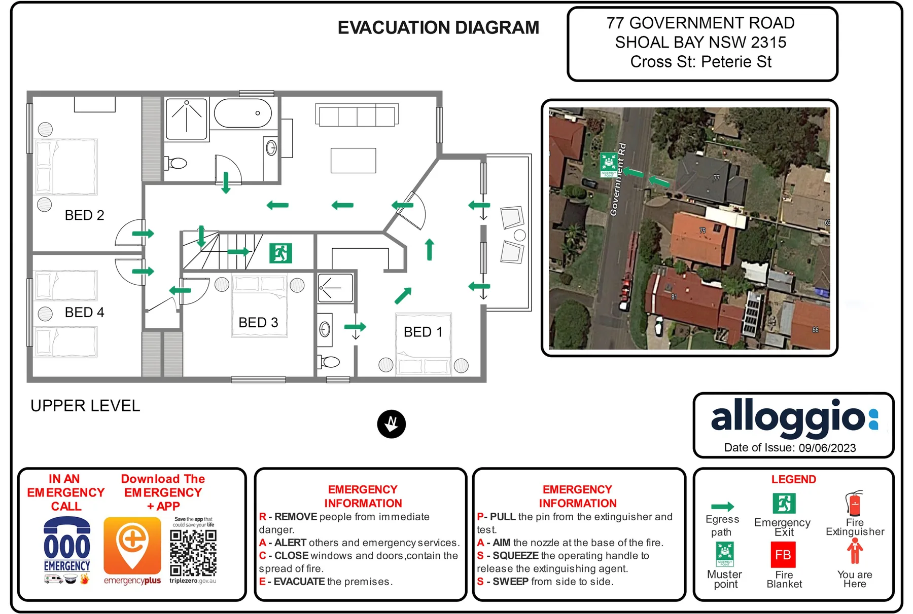 An evacuation diagram shows an upper-level floor plan and an aerial property image.