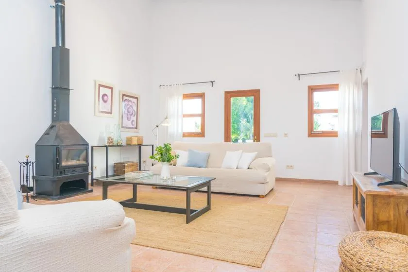 Una sala luminosa con asientos, una estufa de leña y una alfombra grande.