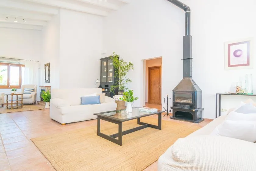 Una sala luminosa con asientos, una mesa de centro de vidrio y una chimenea independiente.