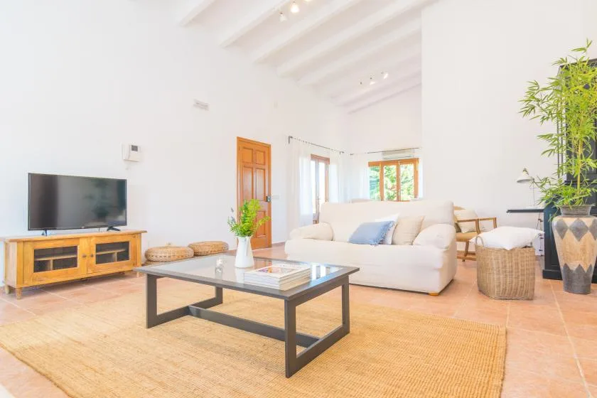 Una sala de estar luminosa con sofá, televisor y mesa de centro.