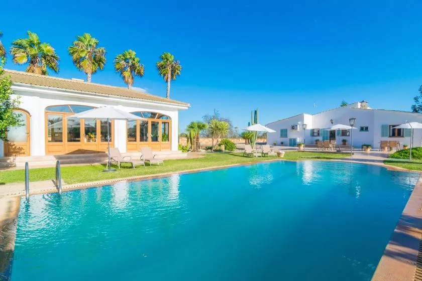Una piscina al aire libre está junto a edificios blancos y palmeras.