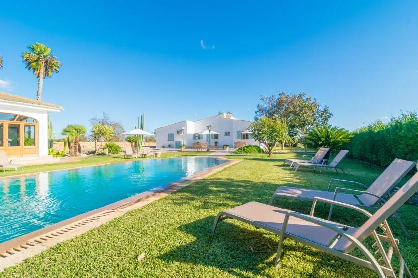 Una piscina junto a un jardín de césped con tumbonas reclinables.