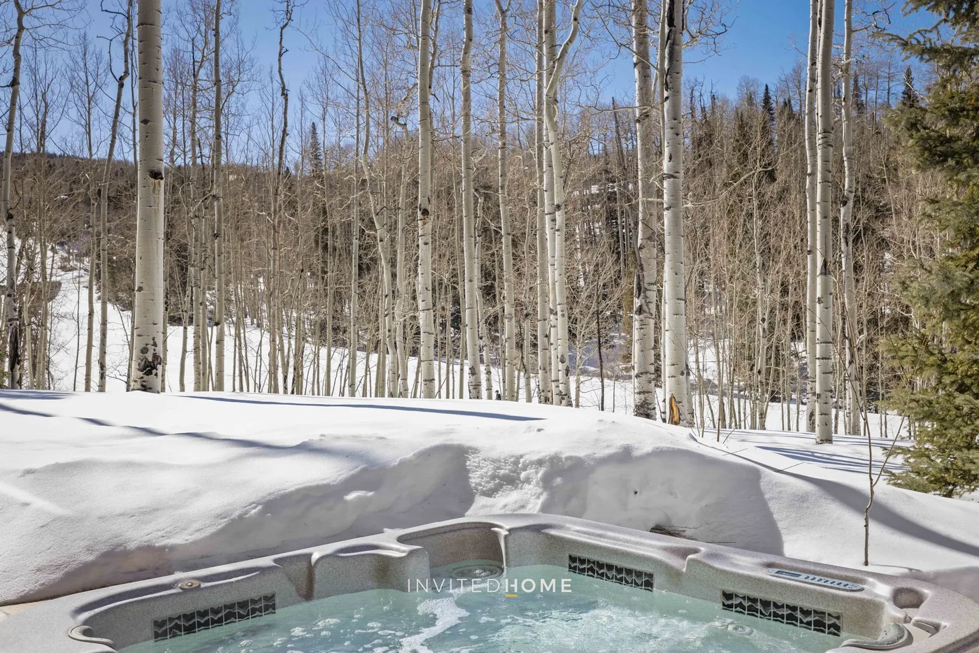 An outdoor hot tub sits beside a snow-covered forest of leafless trees.