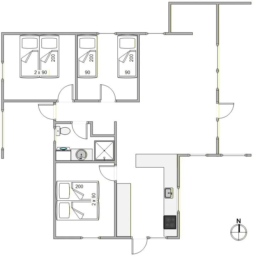 A floor plan shows several bedrooms, a bathroom, and a kitchen area.