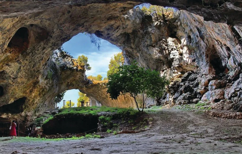 Una gran cueva se abre a un claro iluminado por el sol, con árboles y vegetación.