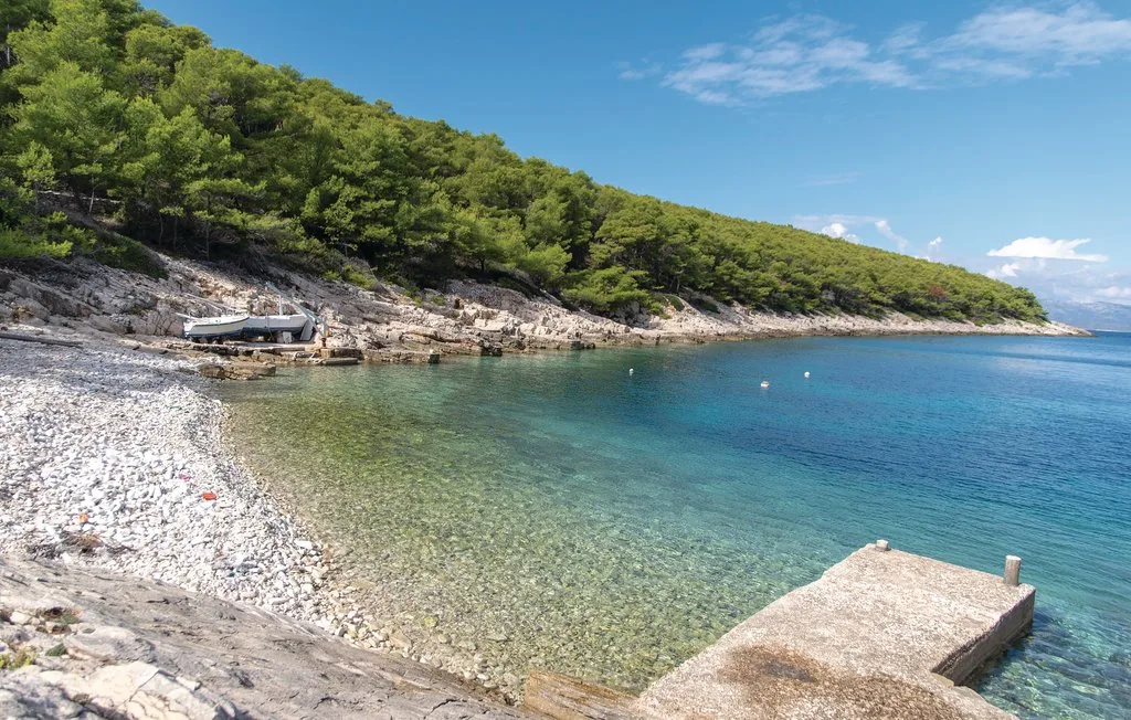 Una playa de guijarros bordea aguas azules y claras junto a una costa arbolada.