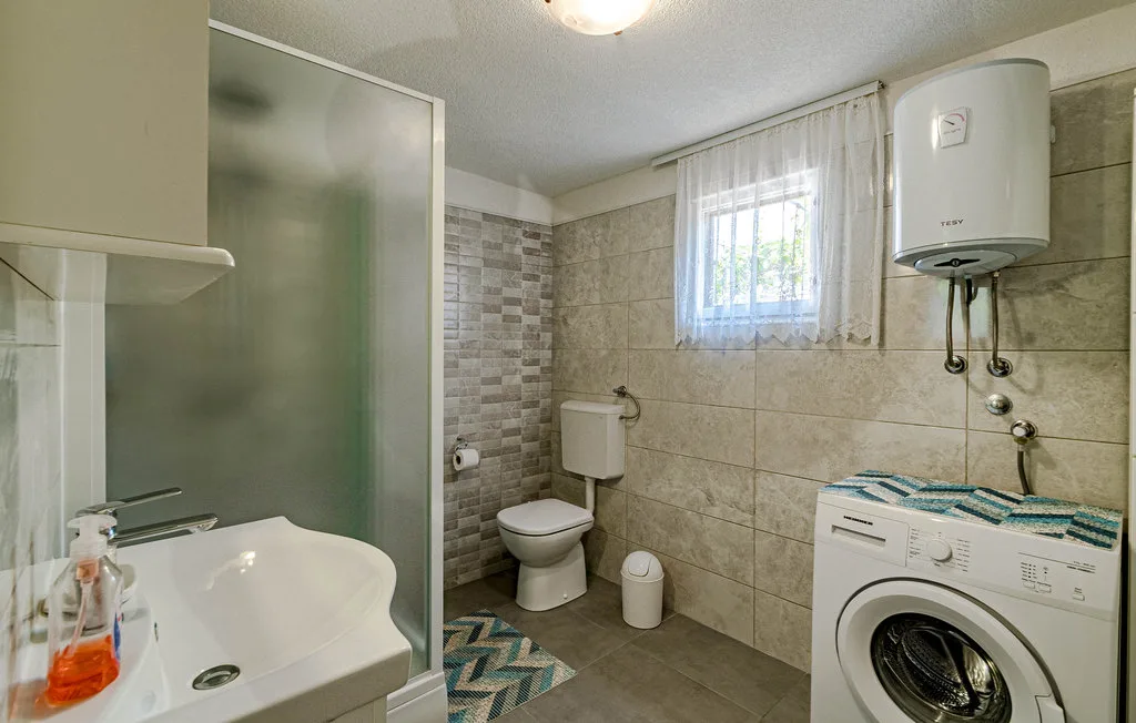 Un baño alicatado con lavabo, ducha, inodoro y lavadora.
