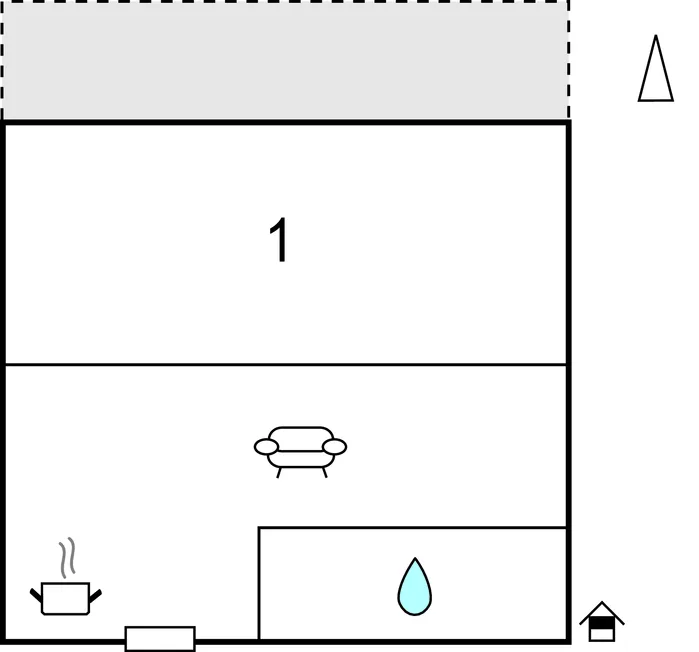 Un plano sencillo muestra una habitación, asientos y una pequeña zona de baño.