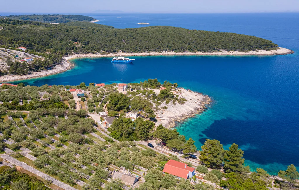 Vista aérea de una bahía turquesa, una costa boscosa y edificios dispersos.
