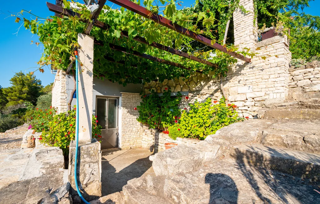 Un patio de piedra con una pérgola cubierta de enredaderas, plantas con flores y una puerta de vidrio.