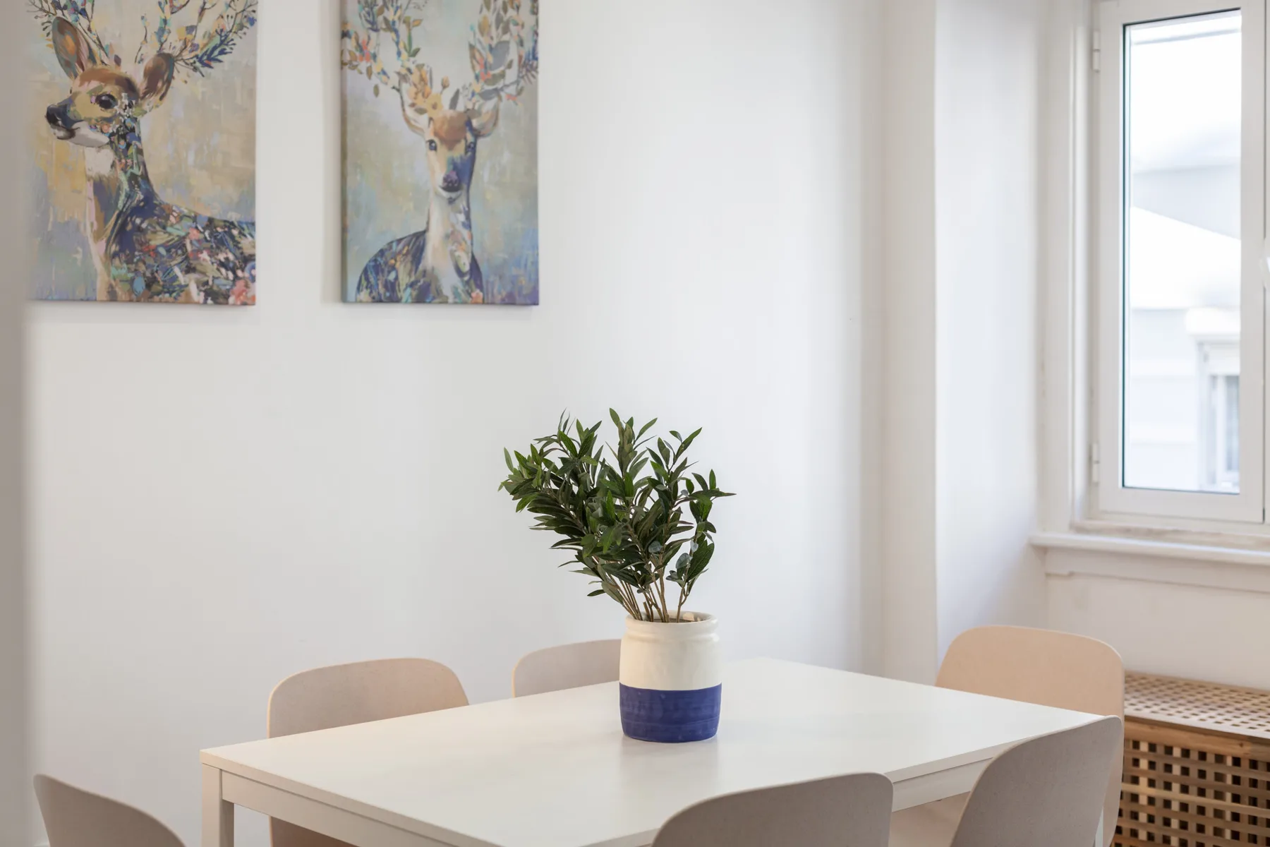A bright dining area with a white table, chairs, and a potted plant.
