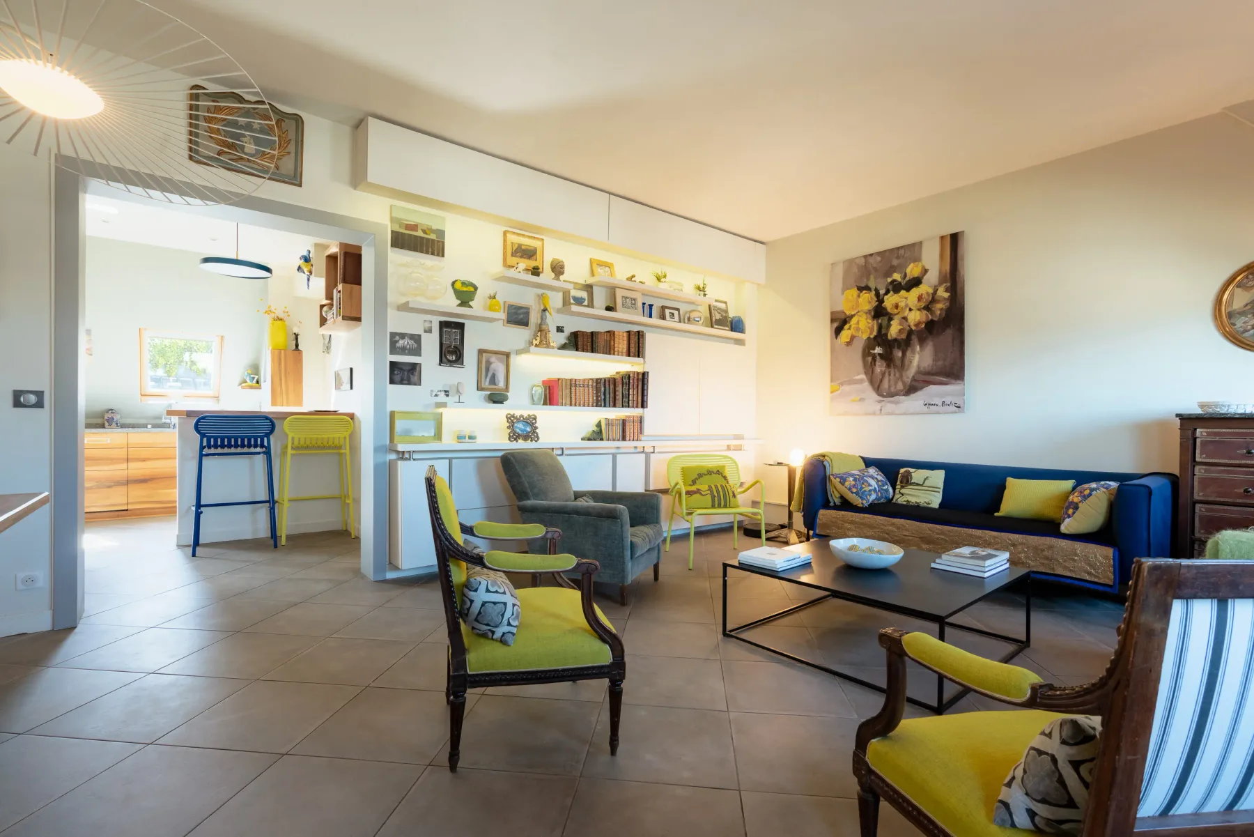 A living room with seating arranged around a coffee table.