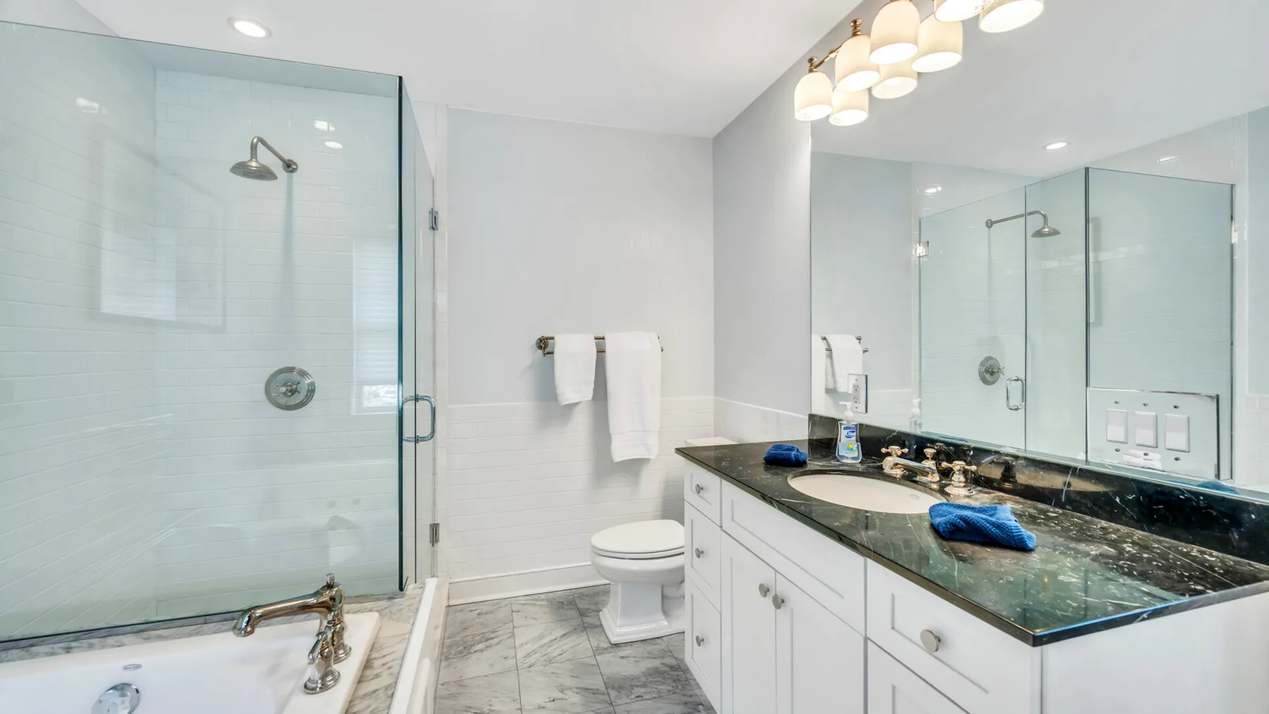 A bright bathroom with a glass shower, toilet, and long vanity.