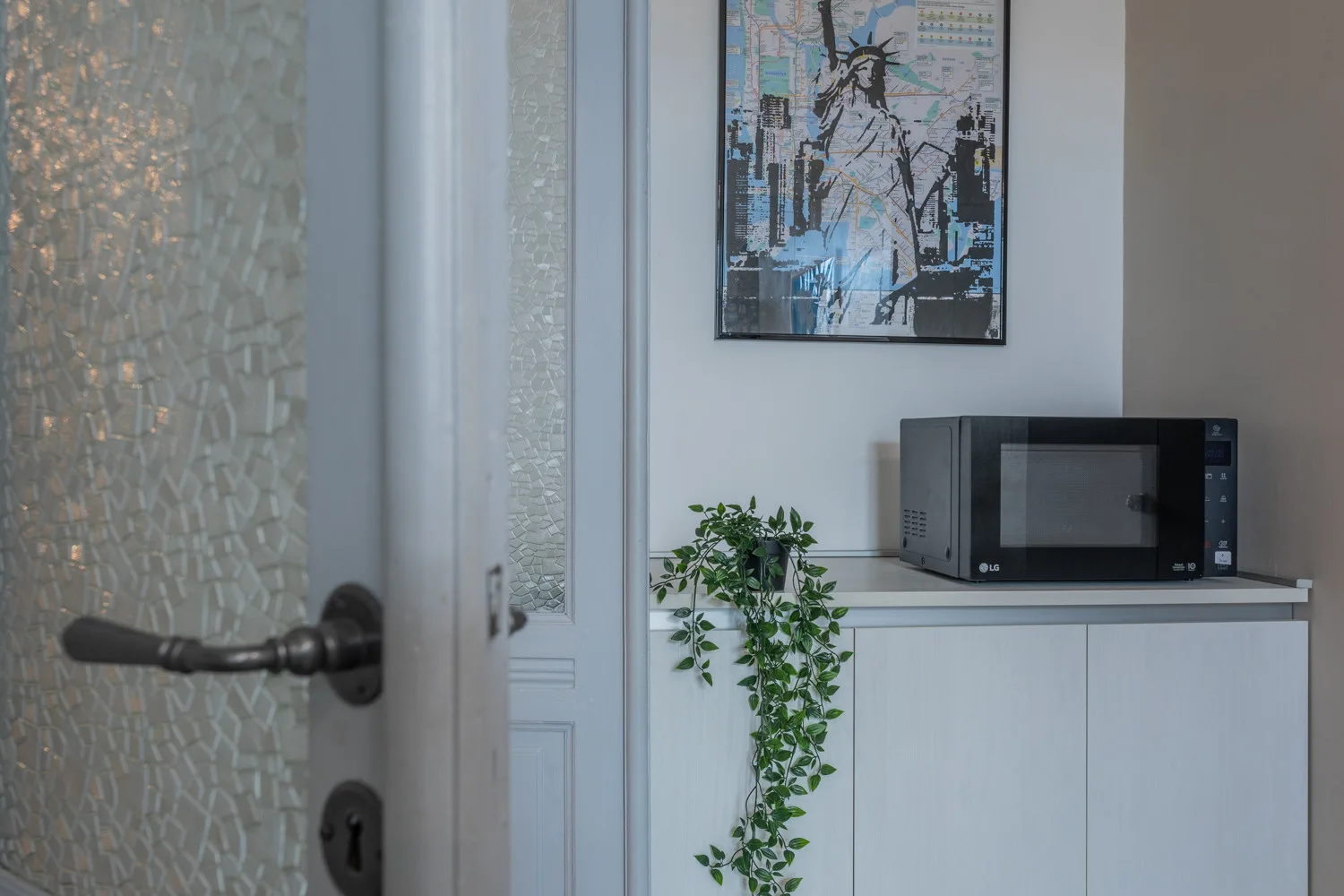 Una encimera de cocina con un microondas y una planta colgante bajo un cuadro enmarcado.