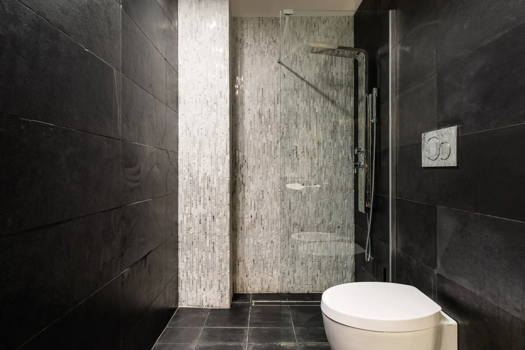 Un baño alicatado con ducha de pared y un inodoro.