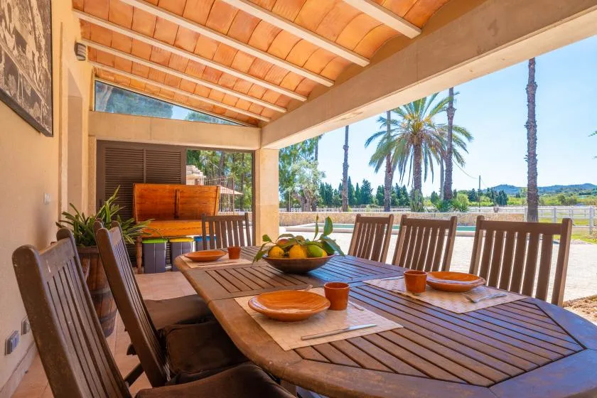 Comedor en un patio cubierto, con una mesa larga de madera y palmeras al fondo.