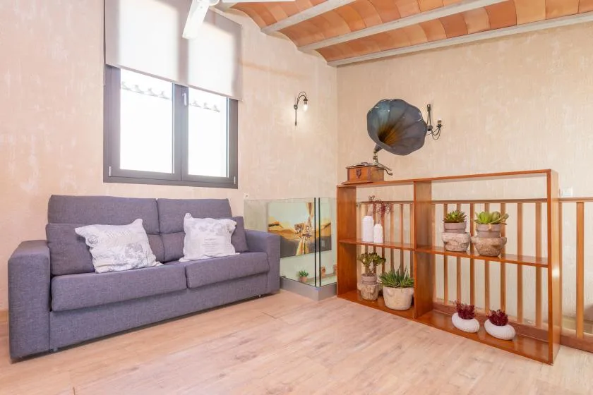 Una sala de estar con un sofá gris junto a una barandilla de madera y plantas en macetas.