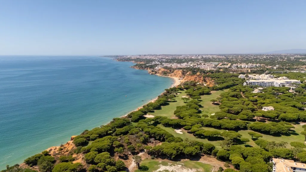 Aerial coastal landscape with blue ocean, sandy coves, and green terrain.