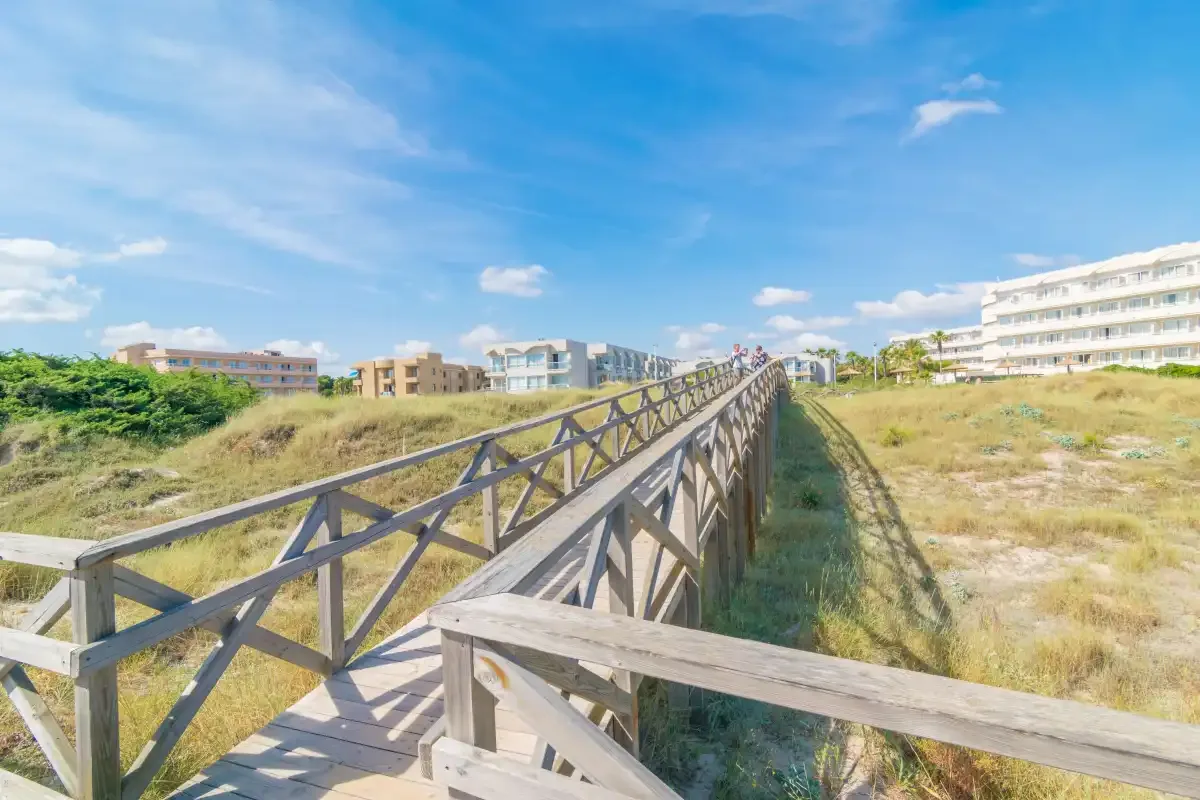 Una pasarela de madera cruza dunas cubiertas de hierba hacia edificios bajo un cielo azul.