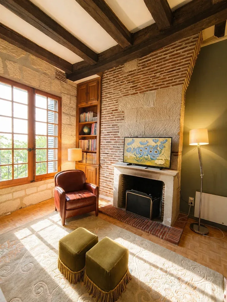 Una luminosa sala de estar con chimenea de ladrillo, grandes ventanas y asientos.