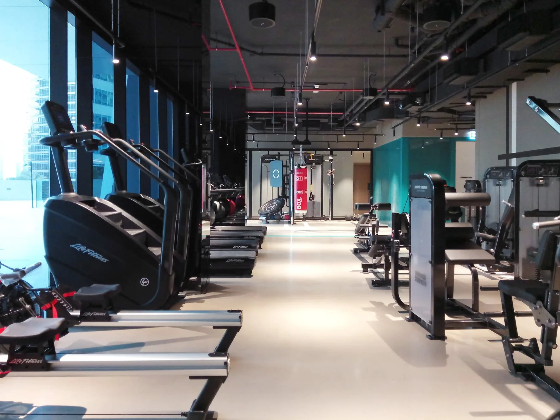 Un gimnasio con máquinas de ejercicio junto a grandes ventanales.