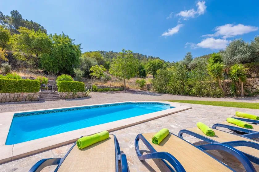 Una piscina al aire libre está rodeada por una terraza pavimentada y tumbonas.