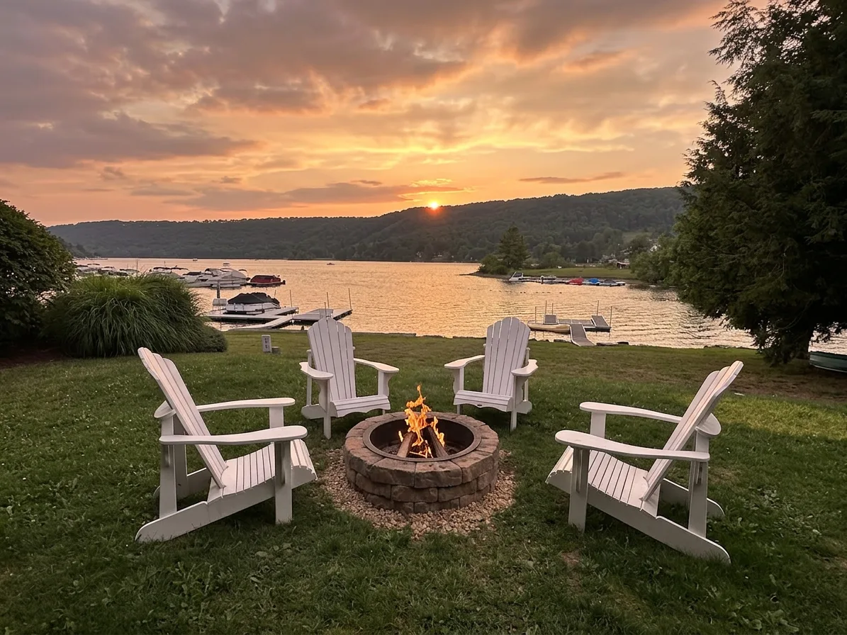 Lakeside seating surrounds a fire pit beneath a colorful sunset.