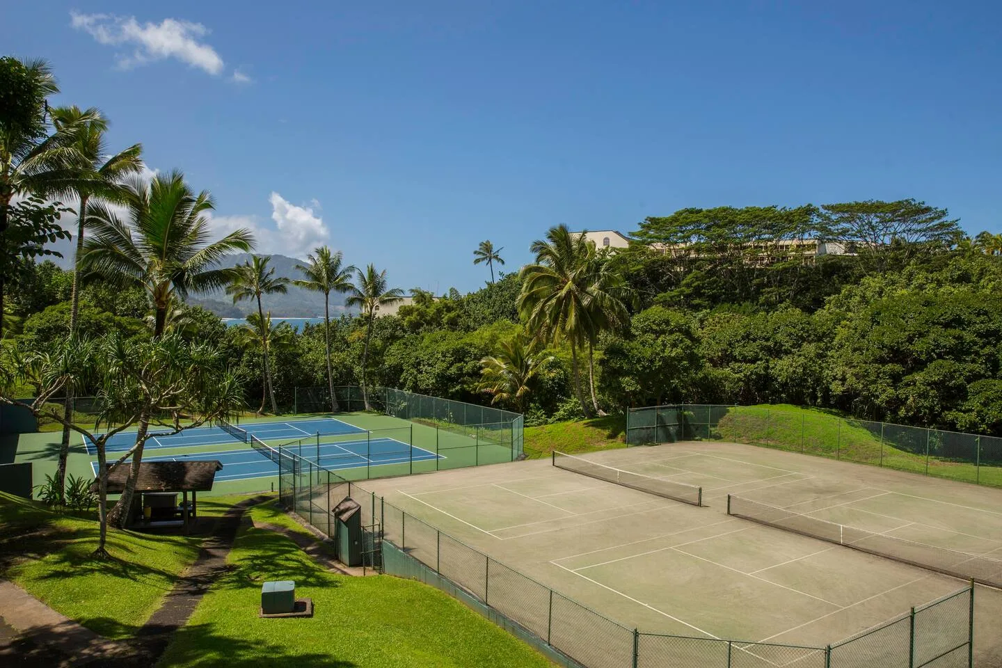 Las canchas de tenis al aire libre están rodeadas de jardines y palmeras.