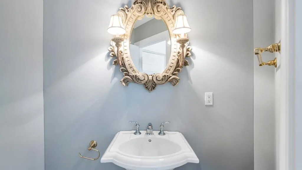 A bathroom vanity with a white sink and ornate mirror.