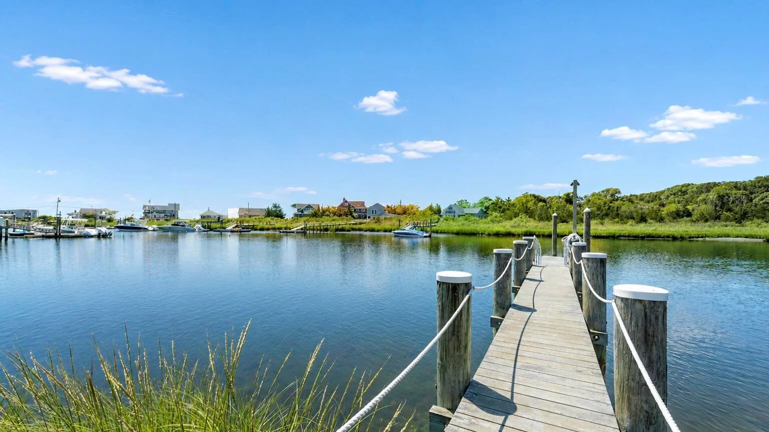 A wooden dock extends across a calm lake toward a green shoreline.