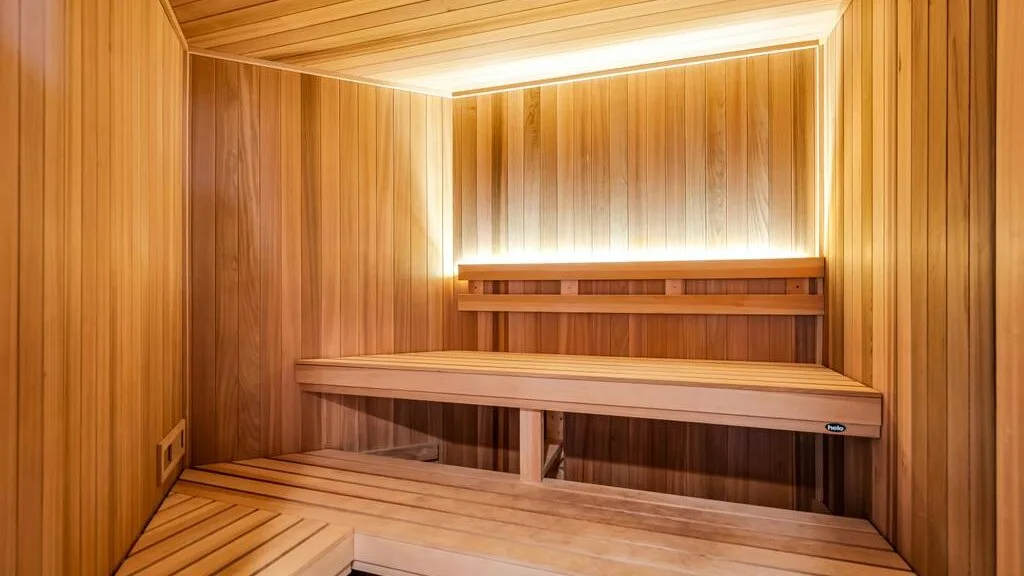 A wood-paneled sauna with tiered wooden seating and warm lighting.