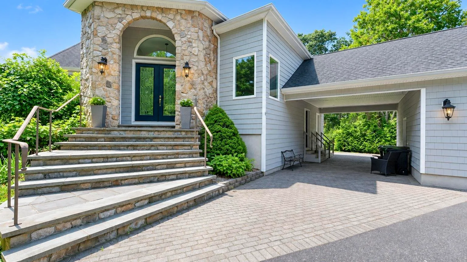 A stone entry with wide steps stands beside a covered driveway.