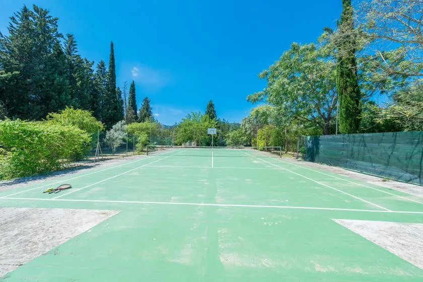 Una cancha de tenis al aire libre rodeada de árboles y vegetación.